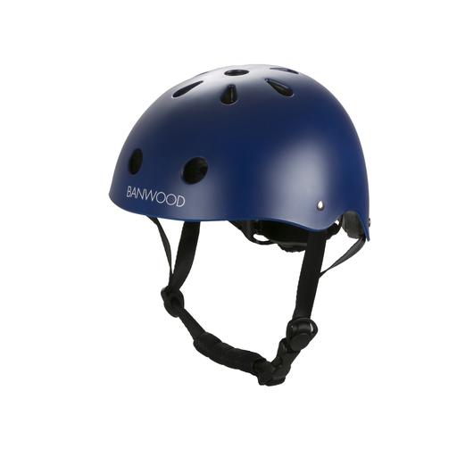 The Banwood Children’s Helmet features multiple ventilation holes, protective inner foam, and an adjustable chin strap. It is shown in blue against a plain white background.