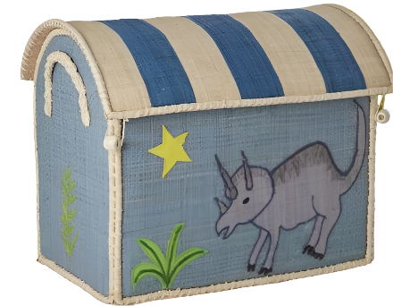The Raffia Toy Basket by Rice is a small, blue rectangular box with a curved lid. It features a dinosaur drawing, yellow star, green plants, and a striped design on top. Woven white and blue details evoke handmade raffia from Madagascar.