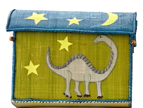 The Raffia Toy Basket by Rice features a whimsical design, showcasing a dinosaur beneath stars and a crescent moon in a charming blend of blue and green.