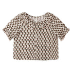The Girls' Live Blouse by Rylee & Cru features short sleeves, a brown floral print, ruffled sleeve edges, and a scalloped collar, all shown on a flat white background.