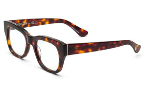 Caddis Miklos Readers offer a glossy tortoiseshell square-frame with clear lenses, ideal for larger faces, featuring visible hinges that accentuate frame thickness.