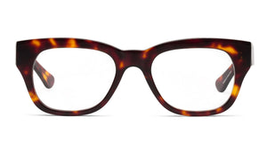 The Miklos Readers by Caddis are tortoiseshell rectangular eyewear frames with clear lenses, designed for larger faces, displayed from the front against a white background.