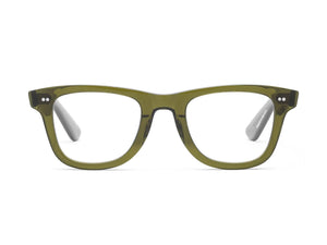 Caddis presents Porgy Backstage Readers: olive green rectangular eyeglasses with clear lenses, featuring a double-dot on each frame's front. The stylish design includes engraved frames, subtly enhancing sophistication.
