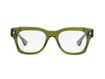 Front view of Muzzy Reader by Caddis—rectangular green eyeglasses with a premium acetate frame, thick edges, and clear, scratch-resistant lenses.