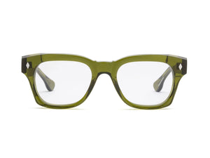 Front view of Muzzy Reader by Caddis—rectangular green eyeglasses with a premium acetate frame, thick edges, and clear, scratch-resistant lenses.