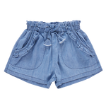 Introducing Pink Chicken's Girls' Theodore Short in medium wash chambray. These blue denim shorts boast a ruffled elastic waistband, front tie, and side pockets for easy style and comfort.