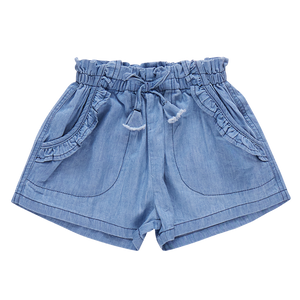 Introducing Pink Chicken's Girls' Theodore Short in medium wash chambray. These blue denim shorts boast a ruffled elastic waistband, front tie, and side pockets for easy style and comfort.