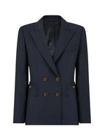 The First Class Charmer Blazer by Blaze Milano is a navy blue, slim fit, double-breasted blazer with gold buttons and notched lapels, shown against a plain white background.