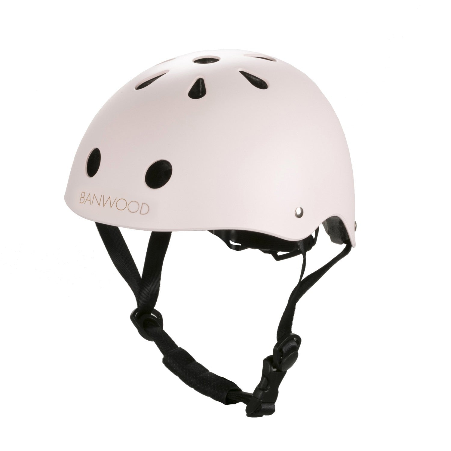 Banwood's white children's helmet features an ABS hard-shell design, black straps, a convenient dial fit for perfect sizing, and an adjustable chin strap for secure comfort.