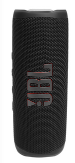 The JBL Flip 6 Waterproof Bluetooth Speaker is a black, cylindrical portable speaker with a fabric exterior, delivering powerful sound. It features a vertically displayed JBL logo and is designed to withstand water exposure.