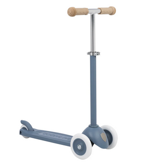 The Banwood Eco Scooter is a blue, three-wheeled kick scooter from the Eco Collection, with recycled plastic construction, tan handlebars, and white front wheels. Shown on a white background.