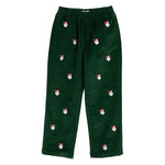 The Beaufort Bonnet Company's Baby Boys' and Boys' Critter Sheffield Corduroy Pants feature dark green corduroy, an elastic waistband, and festive embroidered Santa faces—ideal for holiday celebrations.