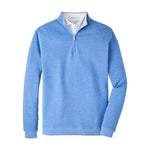 The Peter Millar Crown Comfort Pullover is a light blue quarter-zip sweatshirt made from a soft cotton-modal blend, featuring a white and blue striped inner collar, shown on a plain white background.