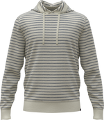 The Sunwashed Slub Hoodie by Faherty features a light color, long sleeves, thin gray stripes, relaxed fit, drawstring hood, and is crafted from high-quality cotton.