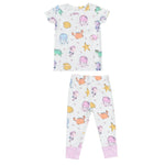 Angel Dear Baby and Kid's Short Sleeve Loungewear Set features colorful sea creatures on white, with light pink cuffs. This snug-fitting pajama set offers comfort and safety for kids.