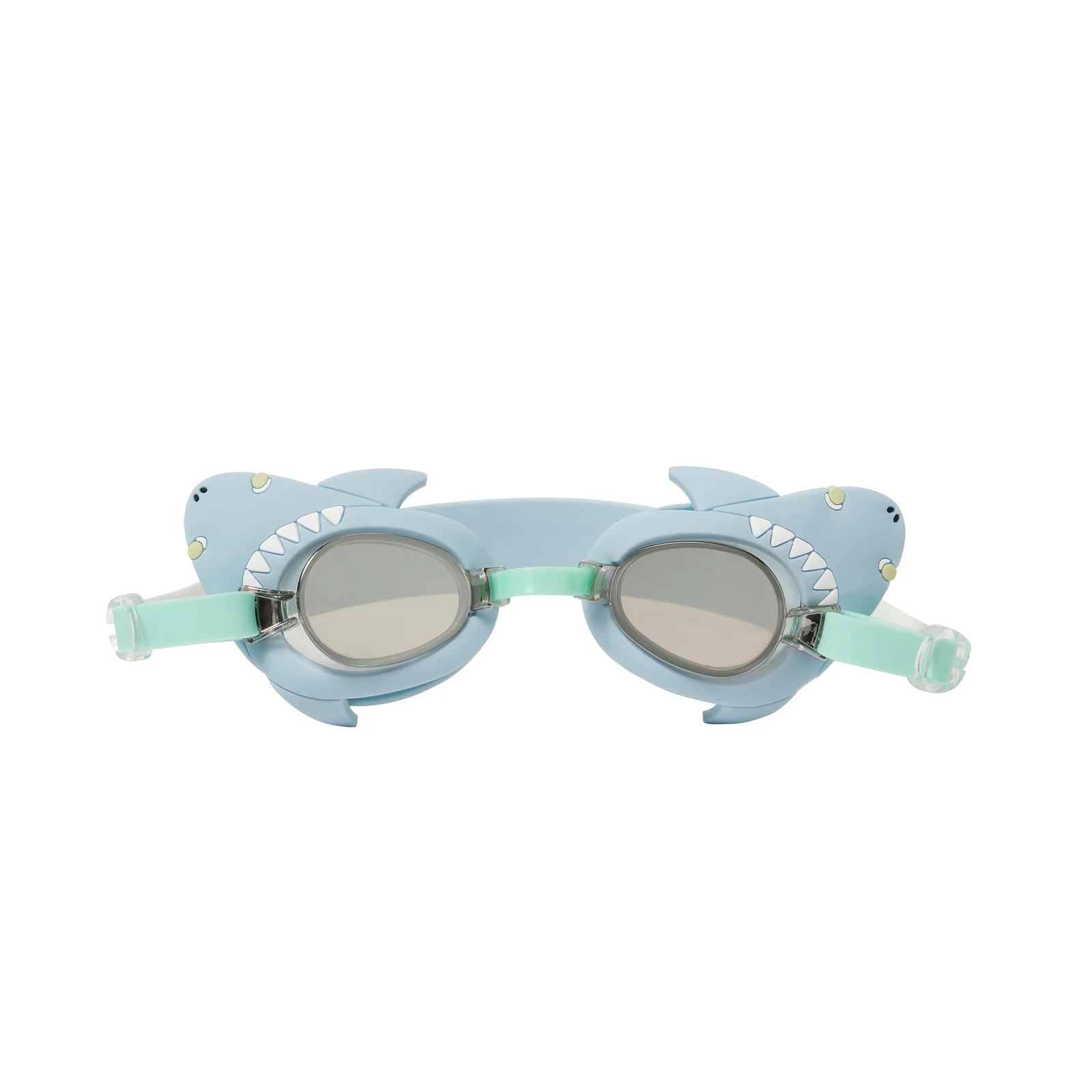 Sunnylife Salty Shark Mini Swim Goggles feature a fun blue shark design with fins and teeth, an adjustable silicone strap, and UV-protected lenses—keeping kids comfortable and stylish while swimming.