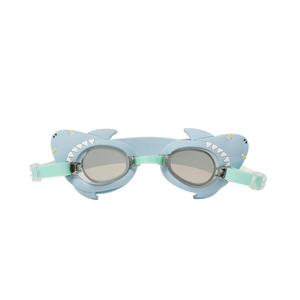 Sunnylife Salty Shark Mini Swim Goggles feature a fun blue shark design with fins and teeth, an adjustable silicone strap, and UV-protected lenses—keeping kids comfortable and stylish while swimming.