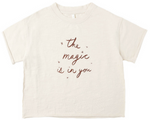 Rylee & Cru's Baby Girls' and Girls' Vintage Tee features raw edges, an off-white color, and "the magic is in you" in brown cursive text at the center for a cozy, lived-in look.