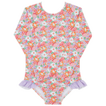 The Minnow Baby Girls' Island Blossom Rashguard One Piece showcases sun-safe fabric with orange, pink, and purple floral designs, complemented by charming purple and white striped ruffled leg openings.