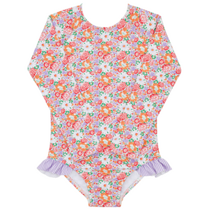 The Minnow Baby Girls' Island Blossom Rashguard One Piece showcases sun-safe fabric with orange, pink, and purple floral designs, complemented by charming purple and white striped ruffled leg openings.