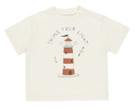 The Rylee & Cru Baby Boys' & Boys' Relaxed Tee is an off-white cotton jersey featuring a red and white striped lighthouse, two seagulls, and “Shine Your Light” above the design. Available in baby sizes.