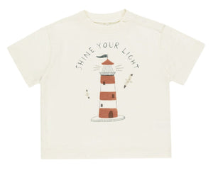 The Rylee & Cru Baby Boys' & Boys' Relaxed Tee is an off-white cotton jersey featuring a red and white striped lighthouse, two seagulls, and “Shine Your Light” above the design. Available in baby sizes.