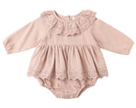 The Quincy Mae Baby Girls' Thalia Romper features long sleeves, a ruffled collar with eyelet trim and embroidery, plus a gathered waist for extra charm.