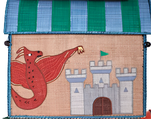 An illustration of a red dragon facing a gray castle with a green flag, each rooftop adorned with blue and green stripes. The scene captures the rustic charm and organic texture of Madagascar, much like Rice's Raffia Toy Basket.