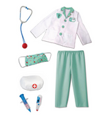 The Green Doctor Set with Accessories by Great Pretenders includes a white coat, green pants, stethoscope, face mask, syringe, thermometer, and fabric pouch. An ideal dress-up set for little doctors' pretend play.