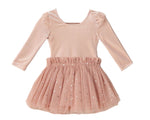 The Noralee Lottie Tutu Set is a light pink long-sleeve dress for children, featuring a double-tiered tulle skirt with small sequin accents, shown on a plain white background.