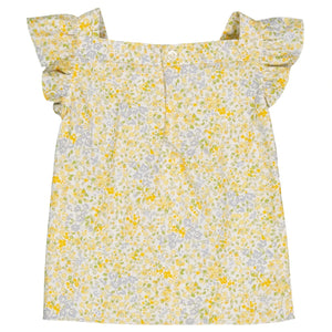 Girls' Dianella Smocked Blouse by Kidiwi features a yellow floral pattern, ruffled shoulder straps, sleeveless design, square neckline, and back button closure.