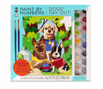 Bright Stripes Paint-By-Number kit includes a canvas with three dogs outdoors, 16 paint pots, two brushes, and instructions—all in a blue "Dogs' Day Out" box; perfect for kids.