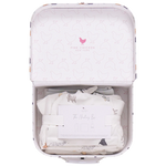 The Nesting Box Baby Take Home Set by Pink Chicken features an open suitcase with a chicken pattern, folded organic pima cotton fabric, and a card—making it a perfect newborn gift.