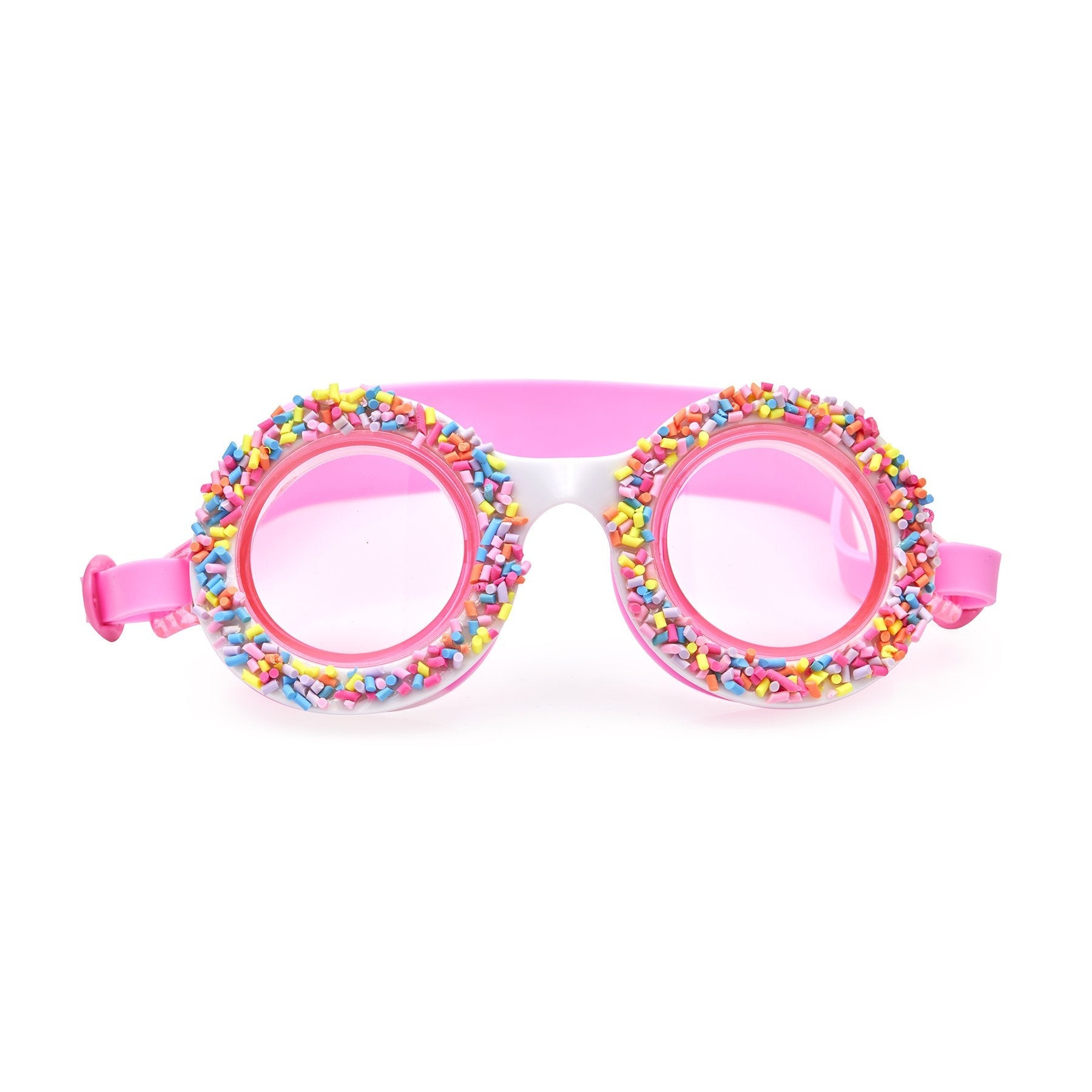 The Bling2O Do-Nuts 4 U Swim Goggles in Boston Creme Pink feature a retro round frame, clear lenses, colorful candy sprinkles on the edges, and an icing-print strap, shown on a white background.