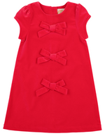 The Beaufort Bonnet Company Girls' Velveteen Betts Bow Dress in bright Richmond Red has short sleeves and three decorative front bows.