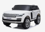 The Freddo Range Rover HSE Ride-On, featuring detailed accents, a black roof, large wheels, and a Land Rover logo on the front plate, is shown against a white background.