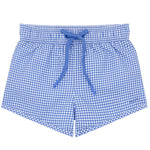 The Boys' Sky Blue Gingham Boardie by Minnow has a blue and white checkered pattern, an elastic waistband, and a blue drawstring, ideal for boys.