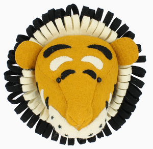 The medium Tiger Head Wall Decoration by Fiona Walker, featuring a yellow face, black mane, and white accents, is perfect for adding a safari-themed touch of adventure to any room.