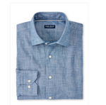 The Peter Millar Japanese Selvedge Sport Shirt is a light blue chambray button-up with long sleeves, a spread collar, and visible brand label on the inside neckline.