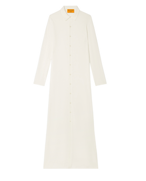 The Showtime Cashmere Shirt Dress by Guest in Residence is a lightweight, long-sleeve, ankle-length white collared dress with a button-down front, shown laid flat on a white background.
