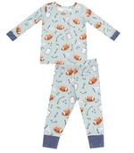 The Angel Dear Baby Long Sleeve Loungewear Set is a two-piece, breathable pajama with a football print on light blue and dark blue cuffs, ideal for bedtime or lounging.