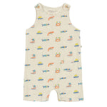 The Arsene & Les Pipelettes Baby Fedolin Terry Romper is beige with colorful fish, crab, and sailboat prints. This sleeveless romper features shoulder buttons and a small front pocket.