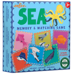 Box for "Sea Little Square Memory Game" by Eeboo, featuring illustrations of sea animals such as an octopus, seahorse, and fish. Contains 18 matching pairs. Suitable for ages 3+.
