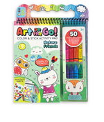 Bright Stripes' Art on the Go! includes 24 activity pages, stickers, a stencil, and crayons in a plastic pouch with colorful animal art supplies—your portable art station.