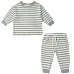 The Quincy Mae Baby Boys' Cozy Set features a gray and white striped long-sleeve shirt with ribbed trim and matching drawstring pants, shown on a white background.