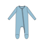 Illustration of the Angel Dear Baby Rib Zip Footie: a blue, long-sleeved bamboo fiber onesie with covered feet and a diagonal front zipper.