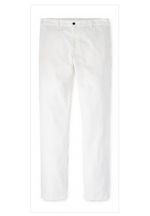 The Peter Millar Somerset Flat-Front Pant is a pair of white straight-leg pants in a cotton-linen blend with a button and zip closure, displayed against a plain background.