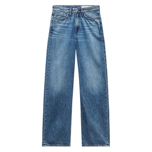 Rag & Bone Featherweight Logan high-rise blue jeans with a classic five-pocket design, displayed flat on a white background.