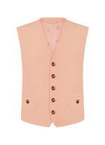 The Flica Feral Gilet by Blaze Milano is a peach sleeveless vest in a luxurious silk-linen blend, featuring a V-neck, five brown buttons, and two front pockets against a white background. Perfect for achieving a minimalist look and an ideal layering piece for spring or summer.