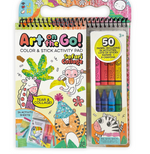 Bright Stripes Art on the Go! Safari Collage set includes 24 activity pages, 50 sheets for coloring and collage, crayons, glue stick, and stickers—perfect for creative fun anywhere!.
